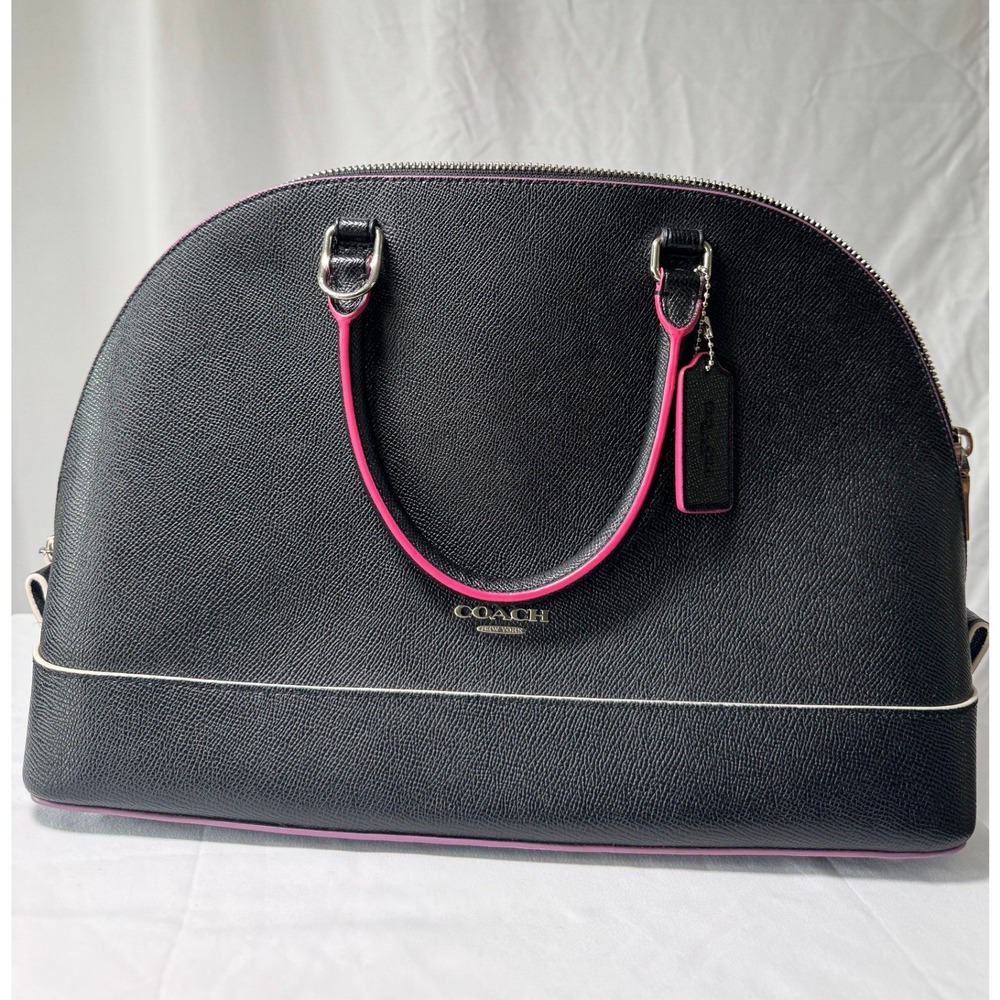 Coach Black Crossgrain Leather Dome Satchel Bag Pink Trim Silver Hardware#856